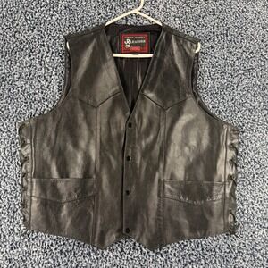 JR Leather Mens Black Genuine Leather Biker‎ Vest Side Lace Snap Front Size 48